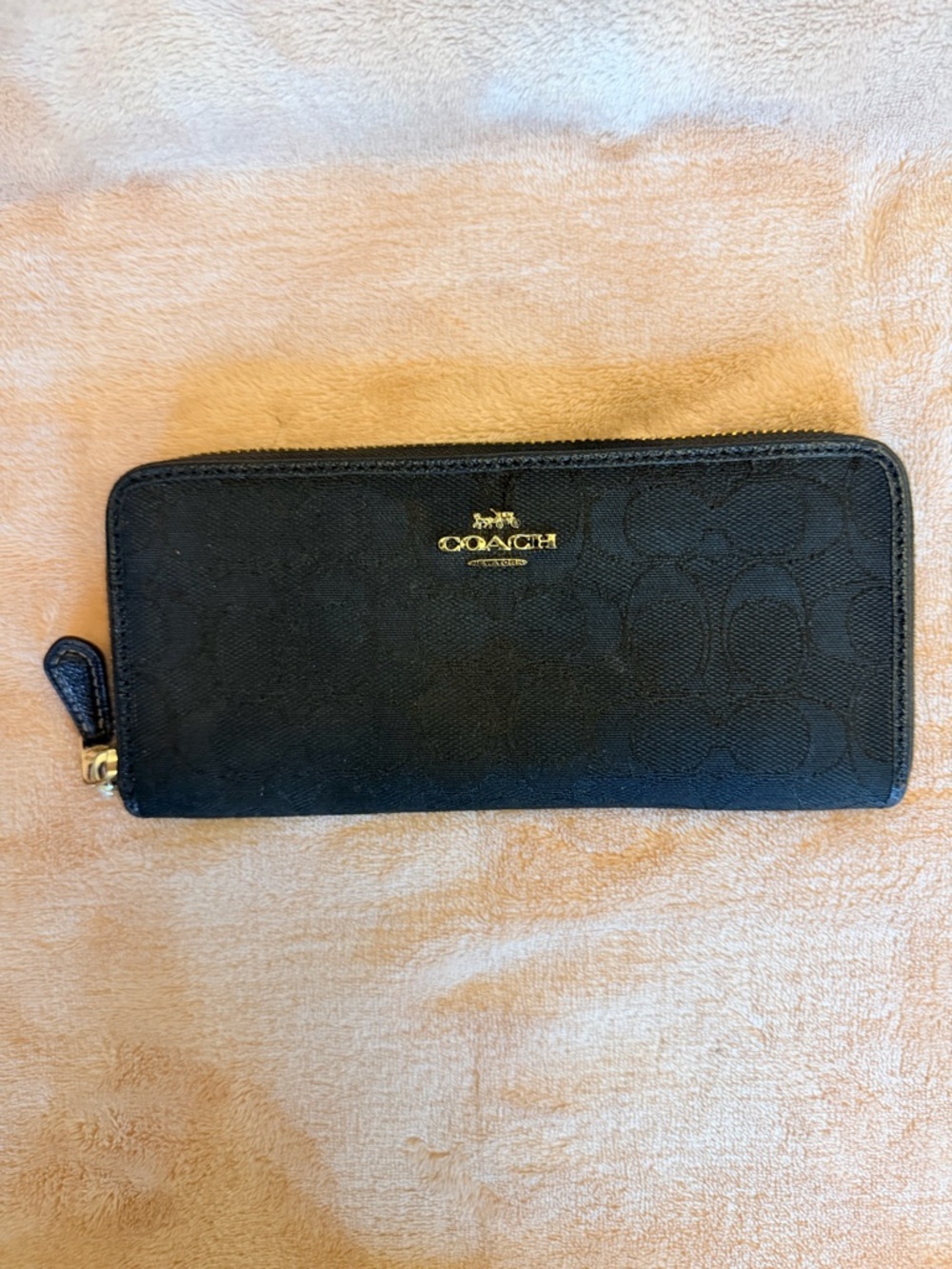 Coach Brown Signature Zip-Around Wallet with Gold Logo Accent